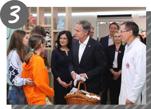 U.S. Secretary of State Antony Blinken visiting a children’s hospital in Ukraine